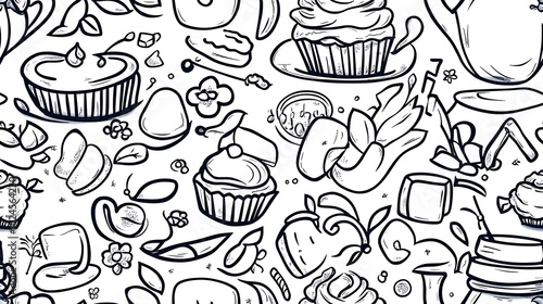 A playful tea time pattern, featuring elements like teapots, tea leaves, sugar cubes, and cupcakes, interwoven with floral decorations and tiny spoons. Soft outlines and a pastel palette,