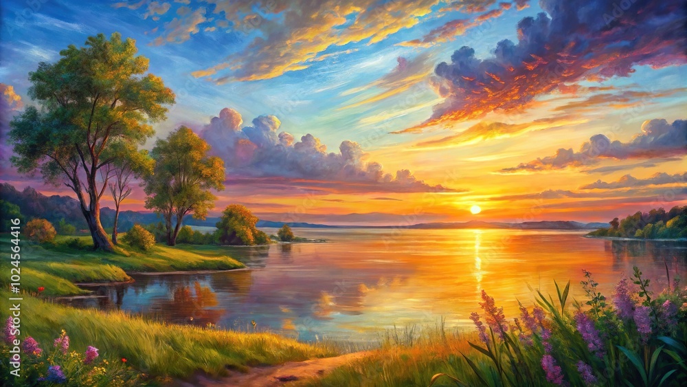Summer landscape oil painting of sunset over the bay, close-up view Summer landscape oil painting of sunset over the bay, close-up view
