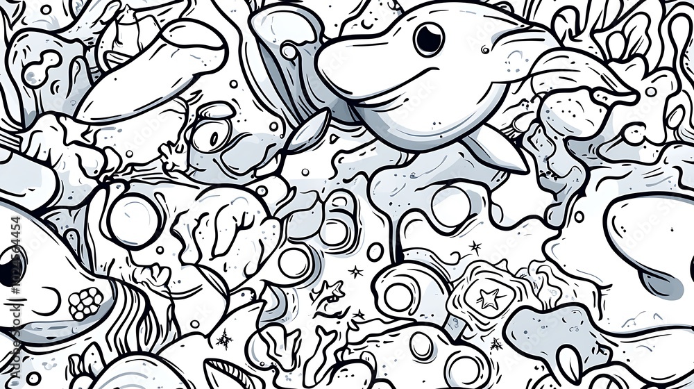 Fototapeta premium A playful underwater-themed pattern, featuring dolphins, turtles, and small fish swimming amidst coral formations, starfish, and drifting bubbles. Soft outlines and gradient shading,