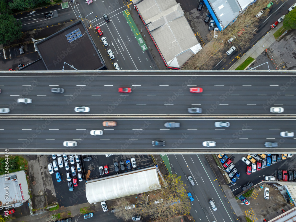 Aerial: Top down view of the Newmarket motorway overpass, Auckland, New Zealand Aerial: Top down view of the Newmarket motorway overpass, Auckland, New Zealand