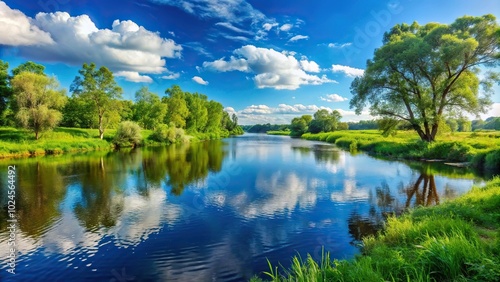 Summer landscape with blue sky, trees, river