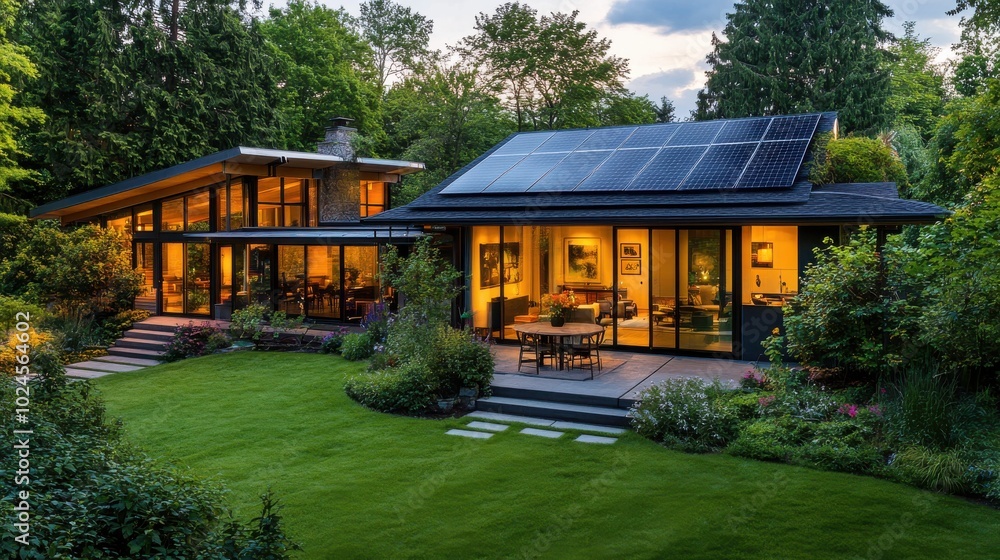 A sustainable, eco-friendly house with solar panels on the roof, set in a lush green A sustainable, eco-friendly house with solar panels on the roof, set in a lush green