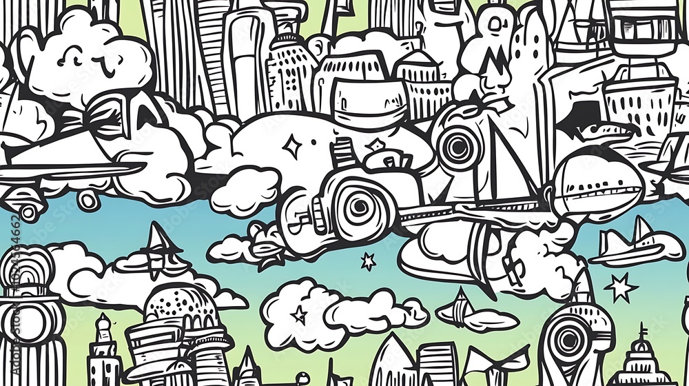 A playful travel adventure pattern, featuring elements like airplanes, suitcases, passports, maps, and camera icons, interwoven with world landmarks and directional signs. A playful travel adventure pattern, featuring elements like airplanes, suitcases, passports, maps, and camera icons, interwoven with world landmarks and directional signs.
