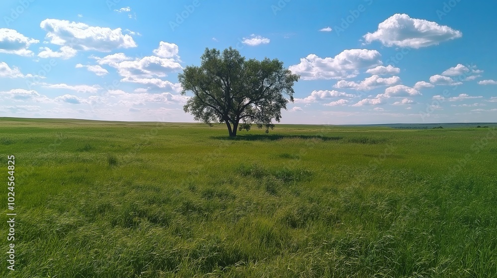 A lone tree standing in the middle of a vast, green prairie under a blue sky A lone tree standing in the middle of a vast, green prairie under a blue sky