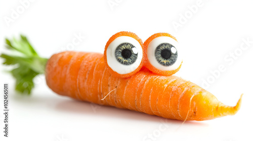 A carrot with eyes and a smiley face sitting in the middle of carrots,Silly Food with Goggly Wobbly Eyes on them,Carrot isolated on white background photo