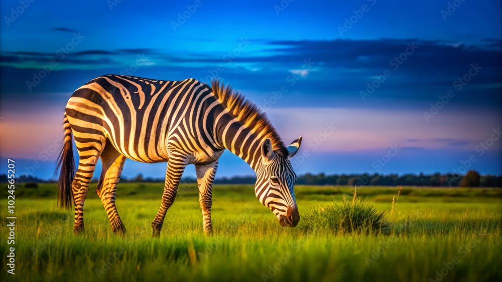 Obraz premium In a lush grassland, a magnificent zebra grazes serenely, embodying the essence of wildlife. This exquisite moment highlights nature's beauty and tranquility.