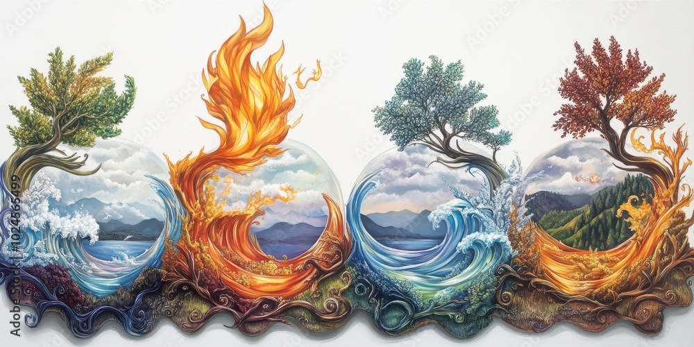 Four elements: earth, fire, water, air, represented in a colorful painting. Four elements: earth, fire, water, air, represented in a colorful painting.