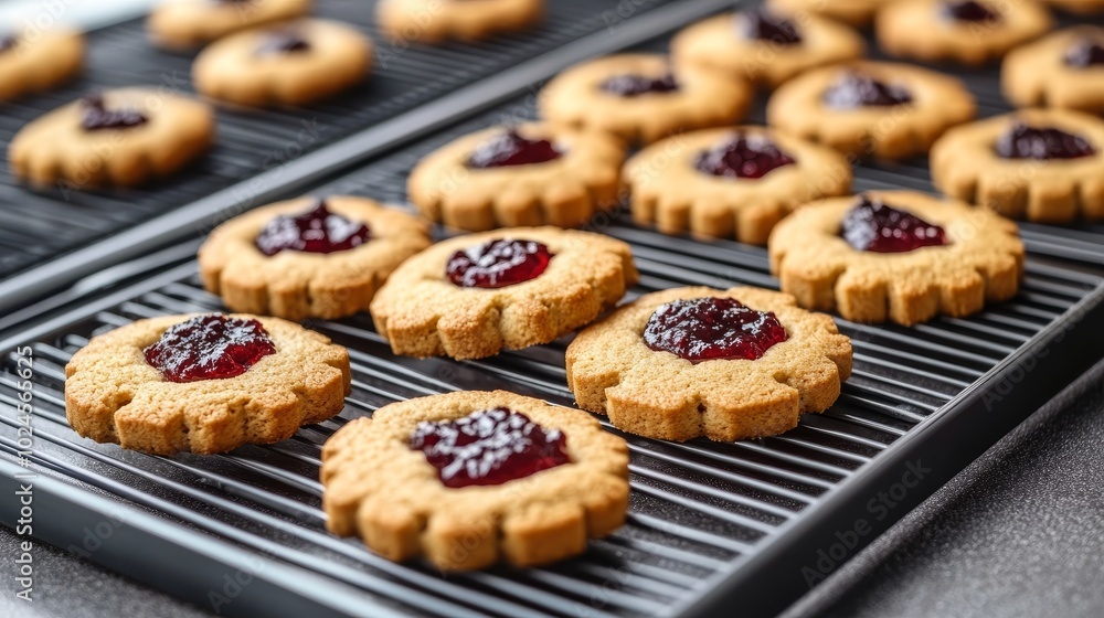 Freshly Baked Jam Cookies Cooling on a Wire Rack, Representing a Delicious Homemade Treat Freshly Baked Jam Cookies Cooling on a Wire Rack, Representing a Delicious Homemade Treat