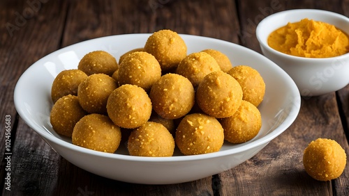 besan laddu white bowl on wooden table	 photo