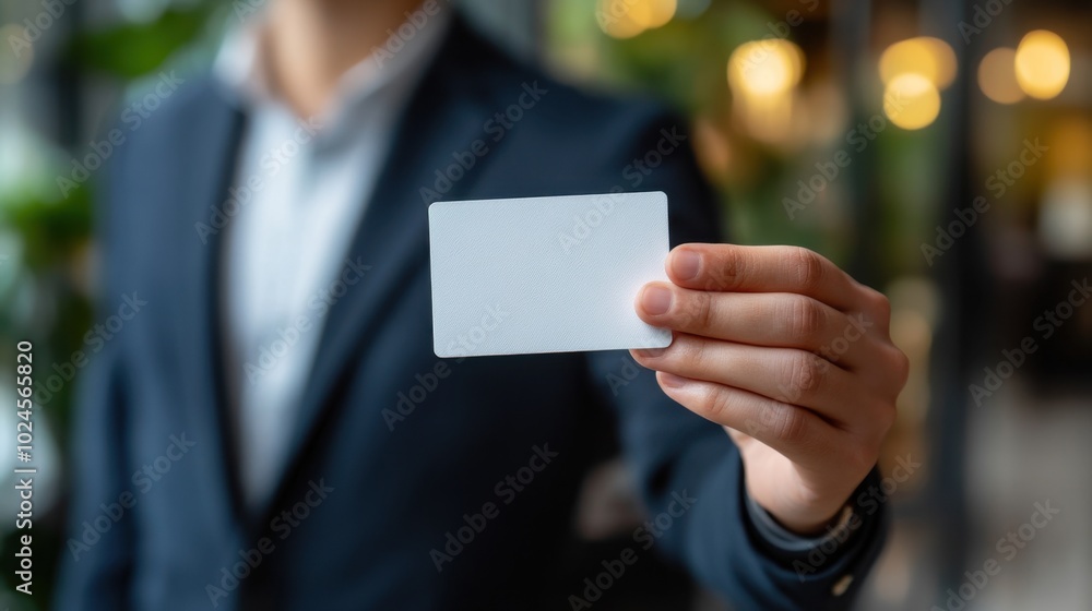 A well-dressed individual presents a blank card in a modern indoor setting filled with soft lighting A well-dressed individual presents a blank card in a modern indoor setting filled with soft lighting