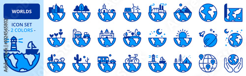 Icons in two colors about worlds and landscapes