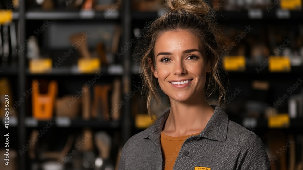 A smiling female consultant in a home improvement store wearing a grey uniform, standing confidently with tools and hardware neatly arranged on shelves in the background A smiling female consultant in a home improvement store wearing a grey uniform, standing confidently with tools and hardware neatly arranged on shelves in the background
