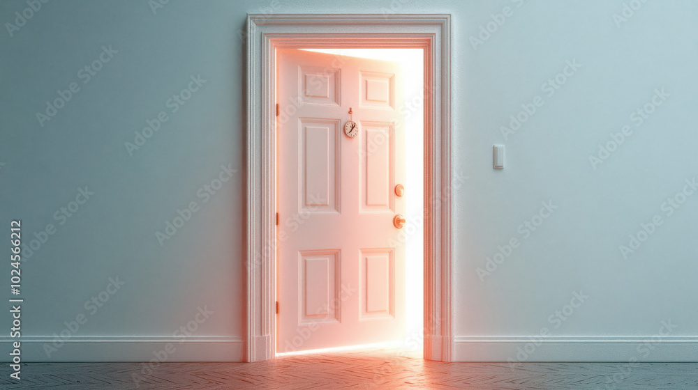 partially open white door with a bright, warm orange light glowing from the other side, creating a striking contrast with the otherwise dimly lit room. partially open white door with a bright, warm orange light glowing from the other side, creating a striking contrast with the otherwise dimly lit room.