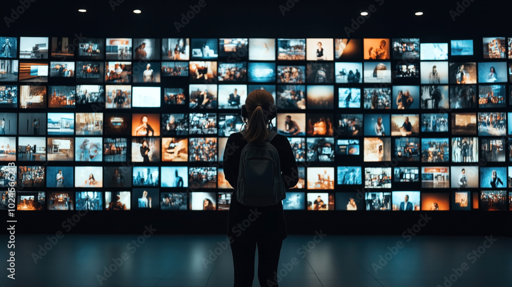 Person wearing headphones and a backpack standing in front of a large video wall displaying multiple screens in a dimly lit room. Person wearing headphones and a backpack standing in front of a large video wall displaying multiple screens in a dimly lit room.