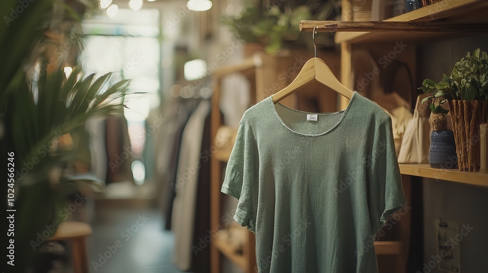 A t-shirt hangs on a clothing rack in a closet, simple and clean A t-shirt hangs on a clothing rack in a closet, simple and clean