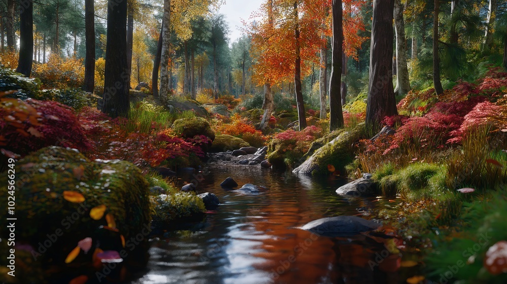 A forest covered in vibrant autumn foliage, with a stream flowing through it A forest covered in vibrant autumn foliage, with a stream flowing through it
