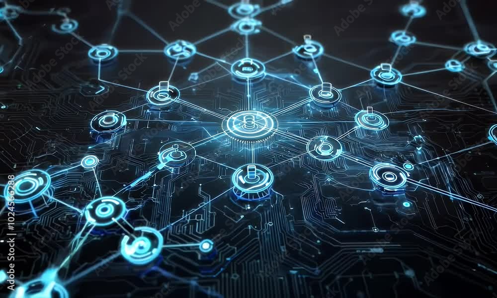A digital network representation with interconnected nodes and circuits.