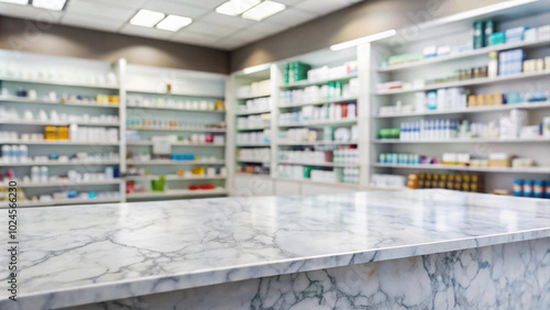 Empty marble countertop of a pharmacy counter provides a sleek and modern look, while the shelves behind it are filled with a variety of prescription and over-the-counter medications