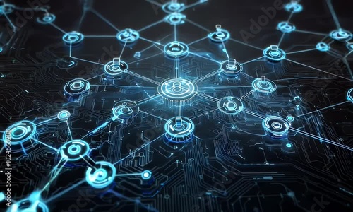 A digital network representation with interconnected nodes and circuits. photo