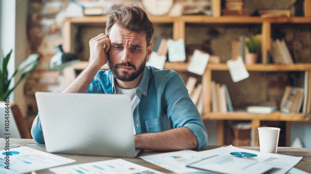 Focused businessman at desk with financial documents and laptop displaying earnings reports, conveying determination and attention to financial data analysis. Focused businessman at desk with financial documents and laptop displaying earnings reports, conveying determination and attention to financial data analysis.
