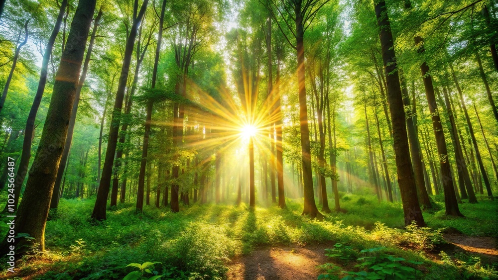 Sun shining through trees in summer forest