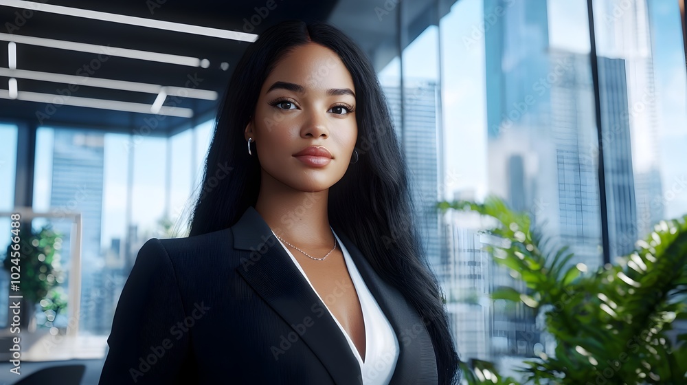 Confident and composed businesswoman stands in the interior of a modern high rise office building exuding professionalism and a sense of purpose Confident and composed businesswoman stands in the interior of a modern high rise office building exuding professionalism and a sense of purpose