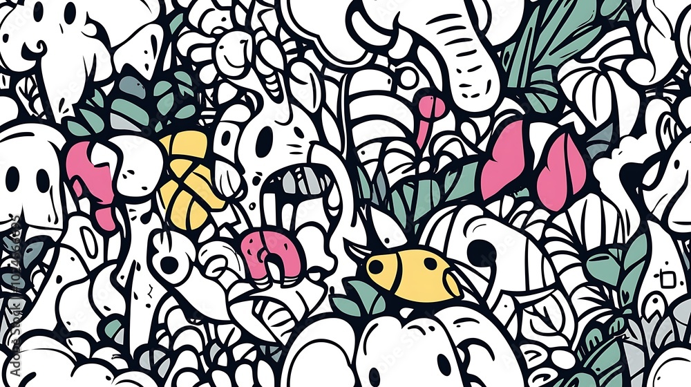 Fototapeta premium A seamless doodle pattern featuring a vibrant jungle scene filled with elephants, lions, zebras, giraffes, and exotic birds, all arranged in a dynamic, flowing design. Bright,