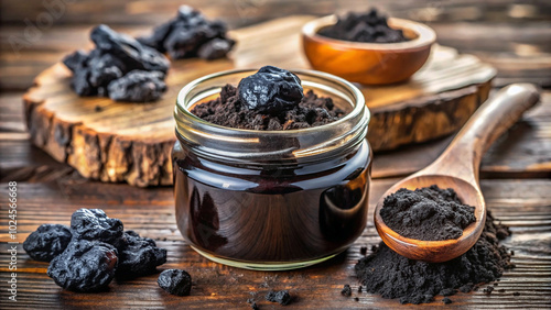 jar of raw shilajit, a potent Ayurvedic herb, surrounded by its natural form. Dark and mysterious, shilajit is a natural treasure found deep in the Himalayas