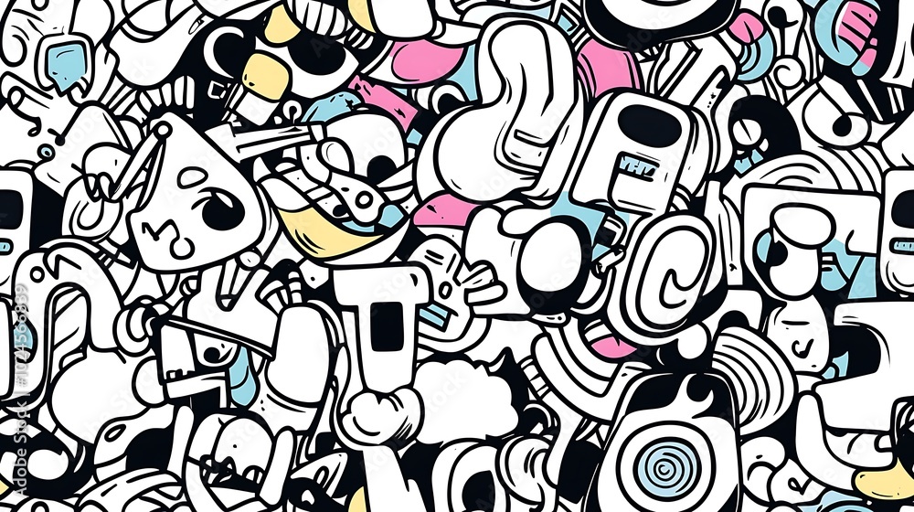 Fototapeta premium A seamless doodle pattern featuring a vibrant music festival scene filled with electric guitars, speakers, records, headphones, and swirling music notes, all arranged in a dynamic and rhythmic layout.