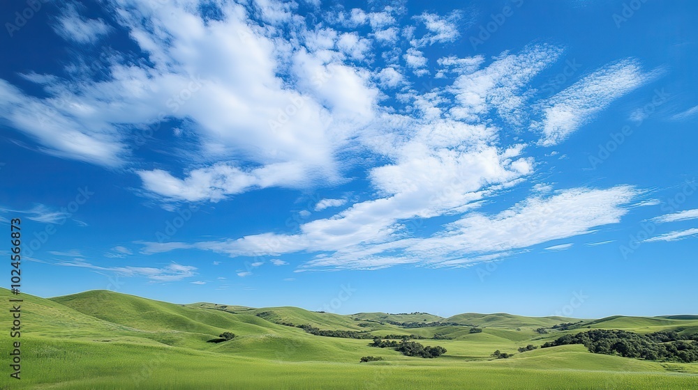 A vibrant, expansive landscape with rolling green hills under a wide sky filled with scattered A vibrant, expansive landscape with rolling green hills under a wide sky filled with scattered