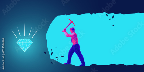 Εκτύπωση καμβά Businessman digging through rock wall with pickaxe, revealing glowing diamond