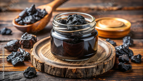 close-up of shilajit, a sticky, black substance with a rich history in traditional medicine Raw shilajit, a natural adaptogen known for its potential health benefits.