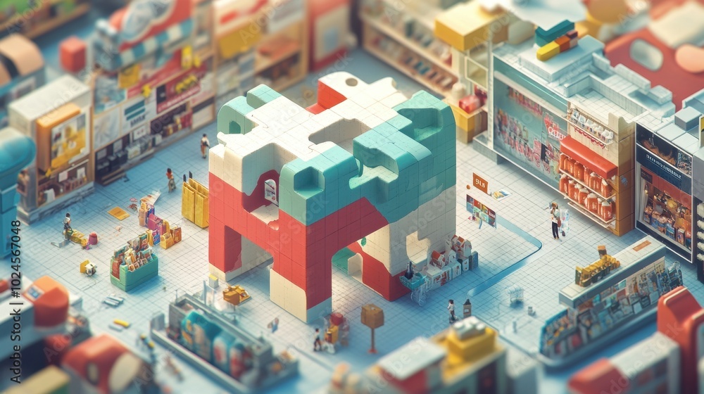 Vibrant toy-like building in a bustling market, showcasing creativity and playfulness among shoppers in a lively setting Vibrant toy-like building in a bustling market, showcasing creativity and playfulness among shoppers in a lively setting