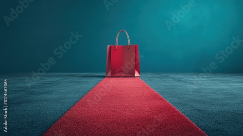A vibrant red shopping bag on a luxuriant red carpet against a teal backdrop inviting you to indulge in retail therapy