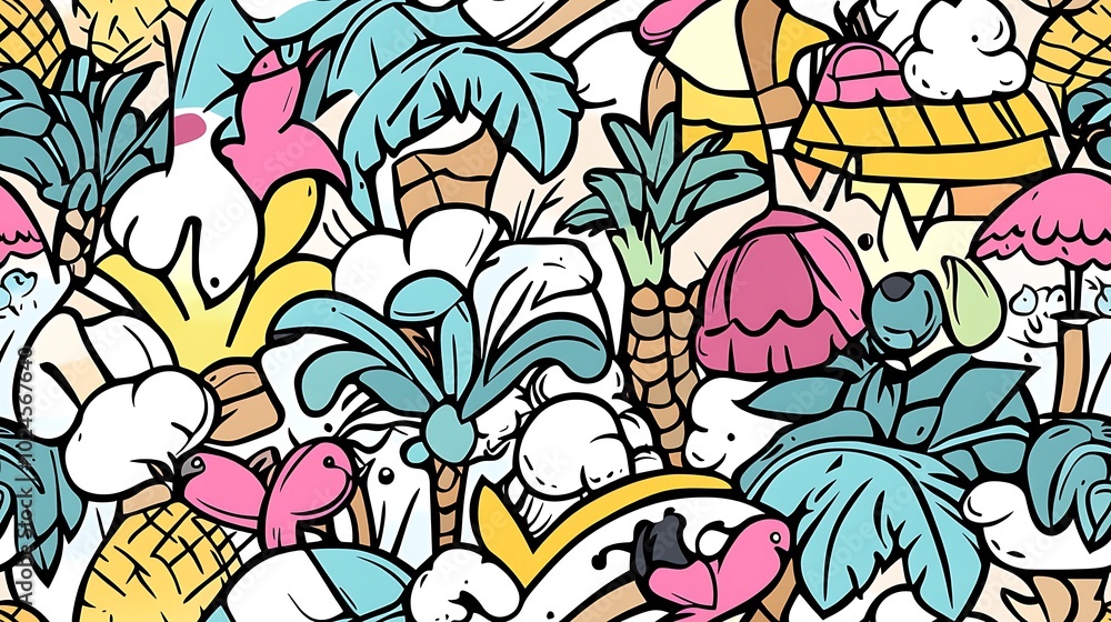 A seamless doodle pattern featuring a vibrant tropical paradise scene filled with palm trees, coconuts, pineapples, tropical birds, and beach umbrellas, all arranged in a dynamic, flowing design. A seamless doodle pattern featuring a vibrant tropical paradise scene filled with palm trees, coconuts, pineapples, tropical birds, and beach umbrellas, all arranged in a dynamic, flowing design.