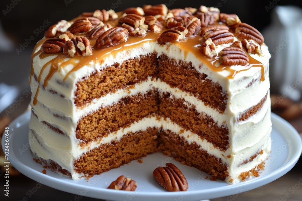 fall desserts, pumpkin spice cake with cream cheese frosting, adorned with pecans and caramel drizzle fall desserts, pumpkin spice cake with cream cheese frosting, adorned with pecans and caramel drizzle