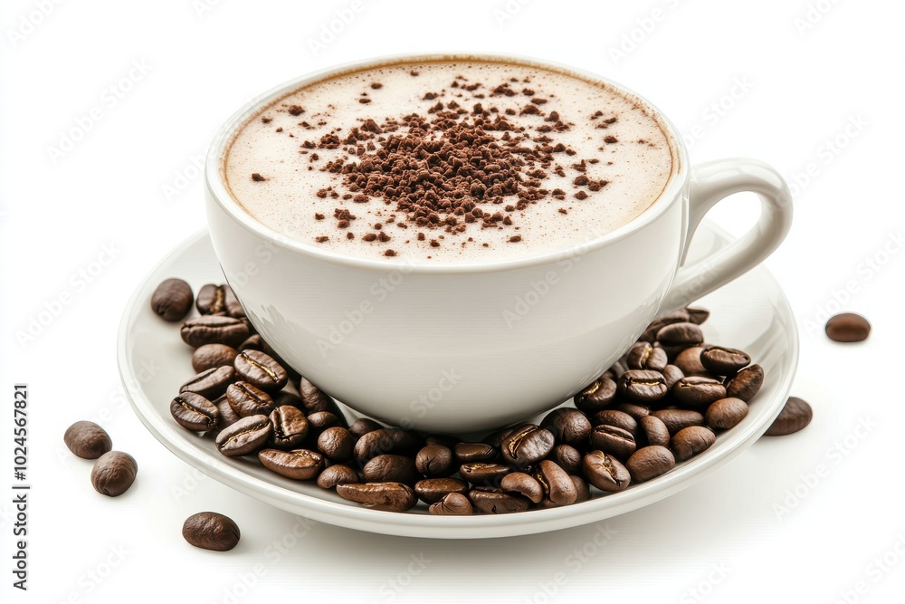 A white ceramic cup filled with frothy cappuccino, sprinkled with chocolate powder on top A white ceramic cup filled with frothy cappuccino, sprinkled with chocolate powder on top