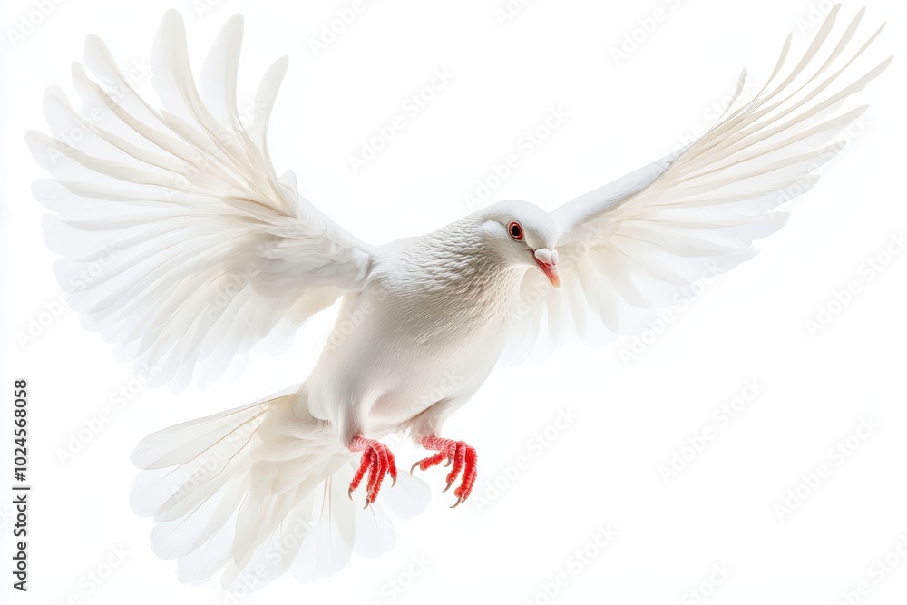 A white dove with spread wings is captured mid-flight, with its wings extended and soft feathers A white dove with spread wings is captured mid-flight, with its wings extended and soft feathers