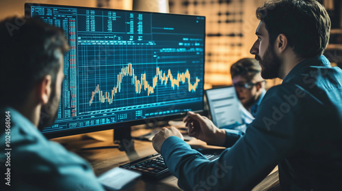 Forex trading desk with traders reviewing currency pairs and exchange rate fluctuations, capturing the intensity of global currency markets in a high-tech trading environment with real-time analysis