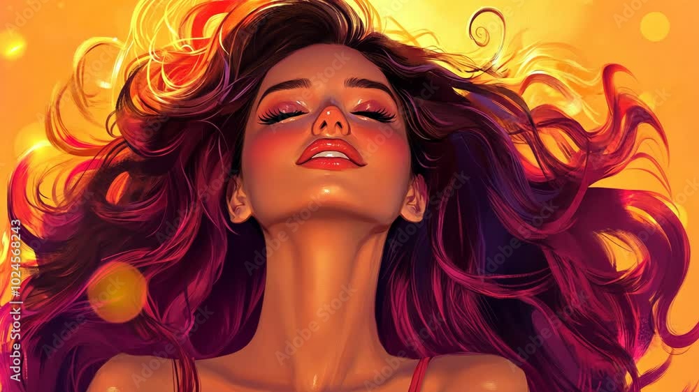 A woman with long, flowing red hair looks up at the sunset, her eyes closed in contentment A woman with long, flowing red hair looks up at the sunset, her eyes closed in contentment