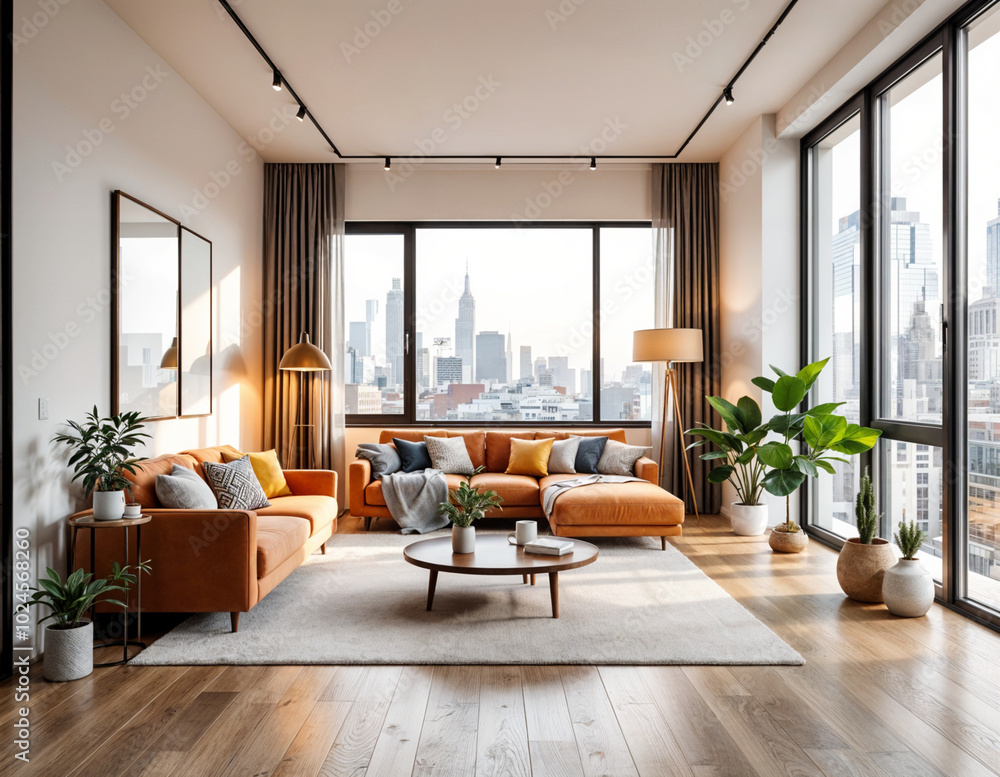 Fototapeta premium Modern Apartment Living Room Design with City View