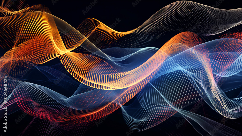 Vibrant transparent wave curve patterns with a mixture of orange and blue tones on a dark background Vibrant transparent wave curve patterns with a mixture of orange and blue tones on a dark background