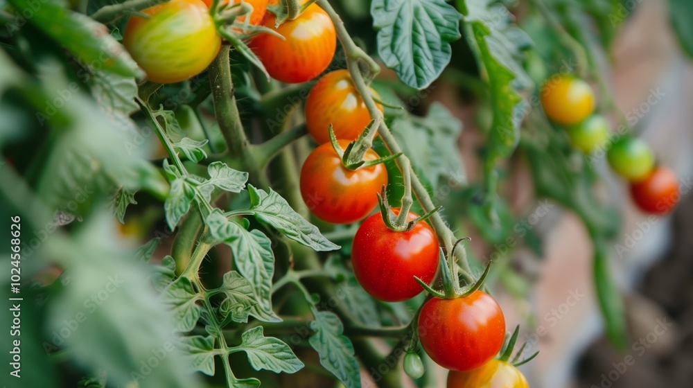 fresh, healthy and ripe red tomatoes hanging on bush plant fresh, healthy and ripe red tomatoes hanging on bush plant