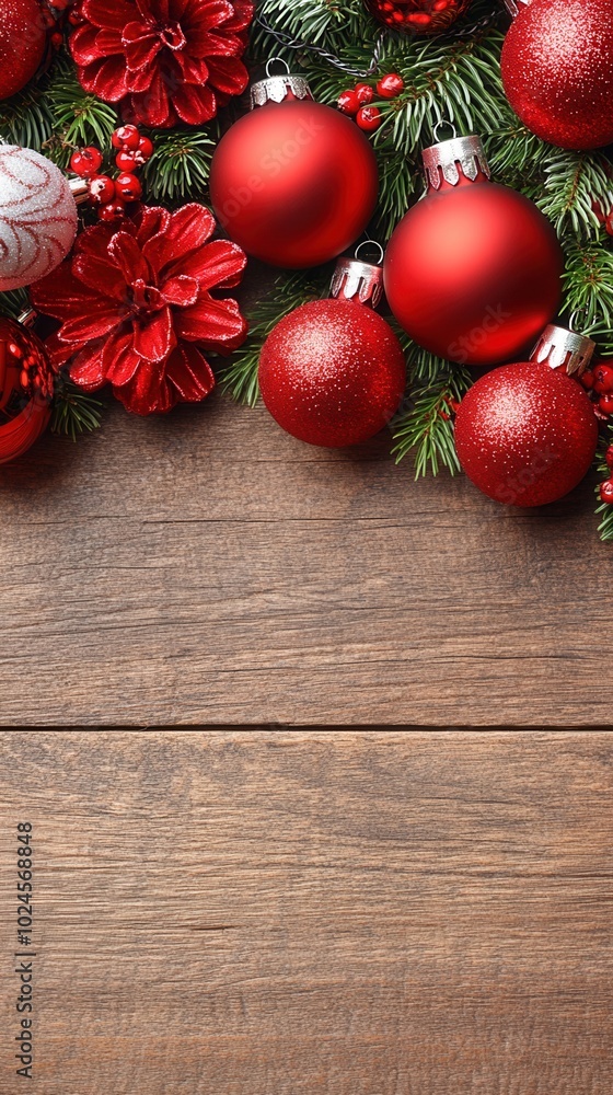 A festive arrangement of red ornaments and flowers on a wooden surface, perfect for holiday celebrations and decor. A festive arrangement of red ornaments and flowers on a wooden surface, perfect for holiday celebrations and decor.