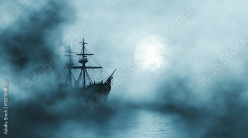 Halloween Pirate Ship, Spectral pirate ship emerging from fog cursed sea eerie, Watercolor