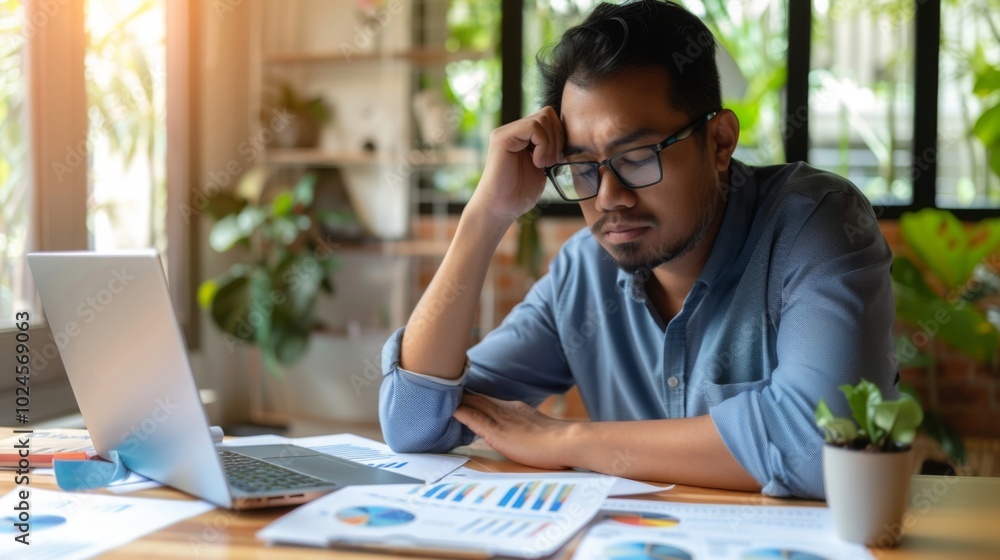 Obraz premium Focused businessman at desk with financial documents and laptop displaying earnings reports, conveying determination and attention to financial data analysis.
