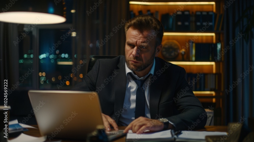 Focused businessman at desk with financial documents and laptop displaying earnings reports, conveying determination and attention to financial data analysis.