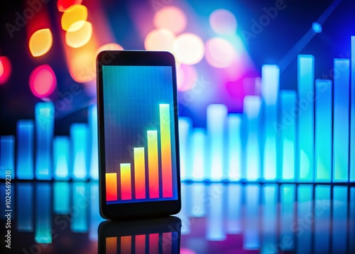 In silhouette photography, a mobile phone presents a bar chart, highlighting data analysis through visually appealing design techniques, enhancing the understanding of analytical insights.