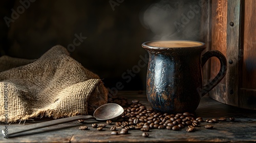 A rustic coffee setting with burlap and dark wood, featuring an old-fashioned cup of black coffee on the table, surrounded by scattered brown beans photo