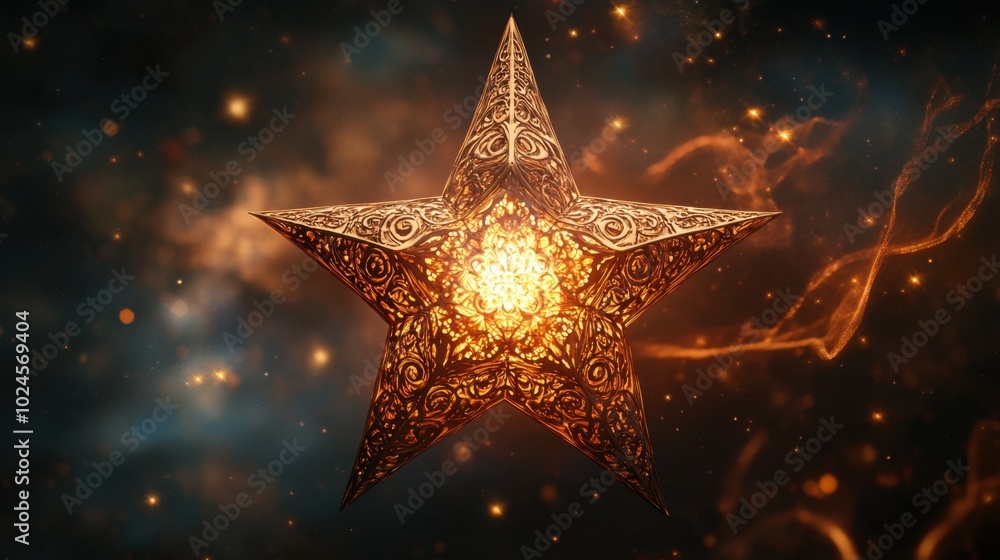 Intricately designed golden star glowing in the cosmic expanse, surrounded by swirling sparks and ethereal energies Intricately designed golden star glowing in the cosmic expanse, surrounded by swirling sparks and ethereal energies